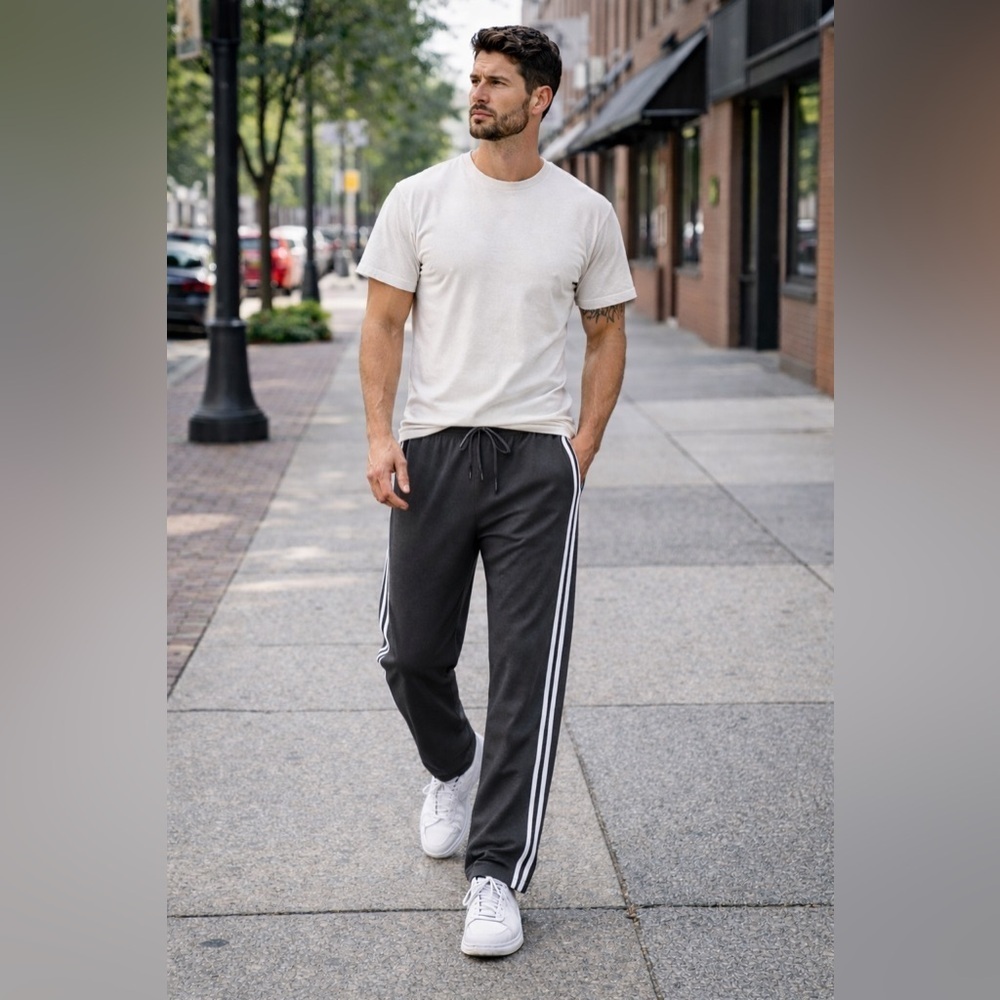 🖤 Athletic Works Men’s Gray Track Pants | White Side Stripe |